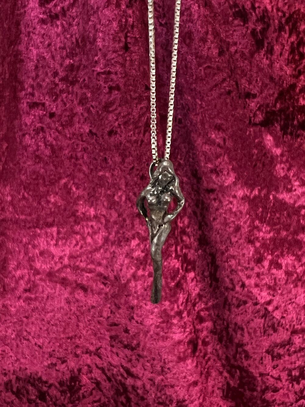 Vintage Sterling Silver Necklace - Nude Pewter Goddess Figural Pendant